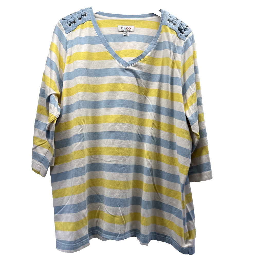 Denim & Co Women's Top Size 1X Plus Blue Yellow Stripe Laced Shoulder V Neck